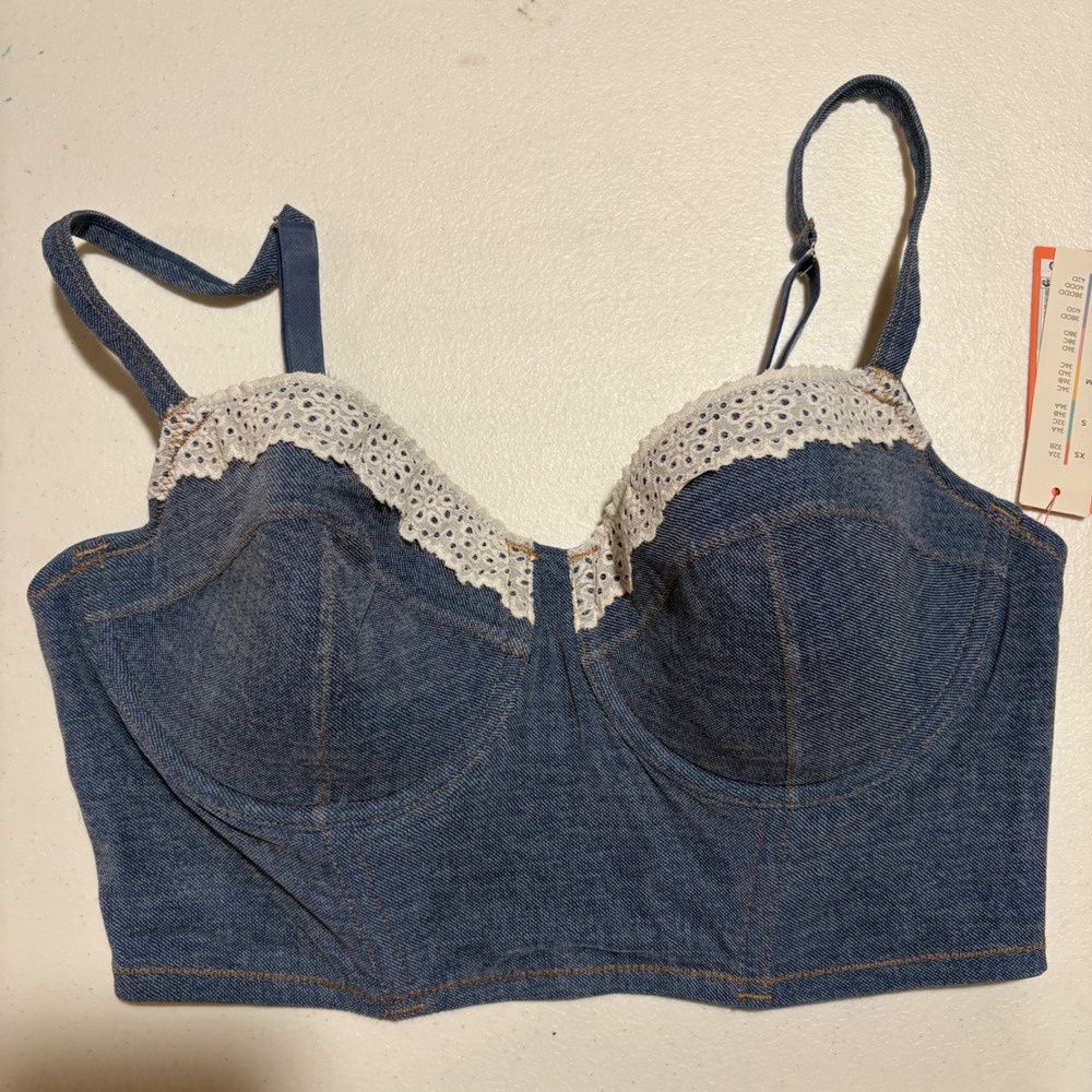 Colsie Dark Blue Denim Bustier Bralette with White Eyelet Lace Trim Size M